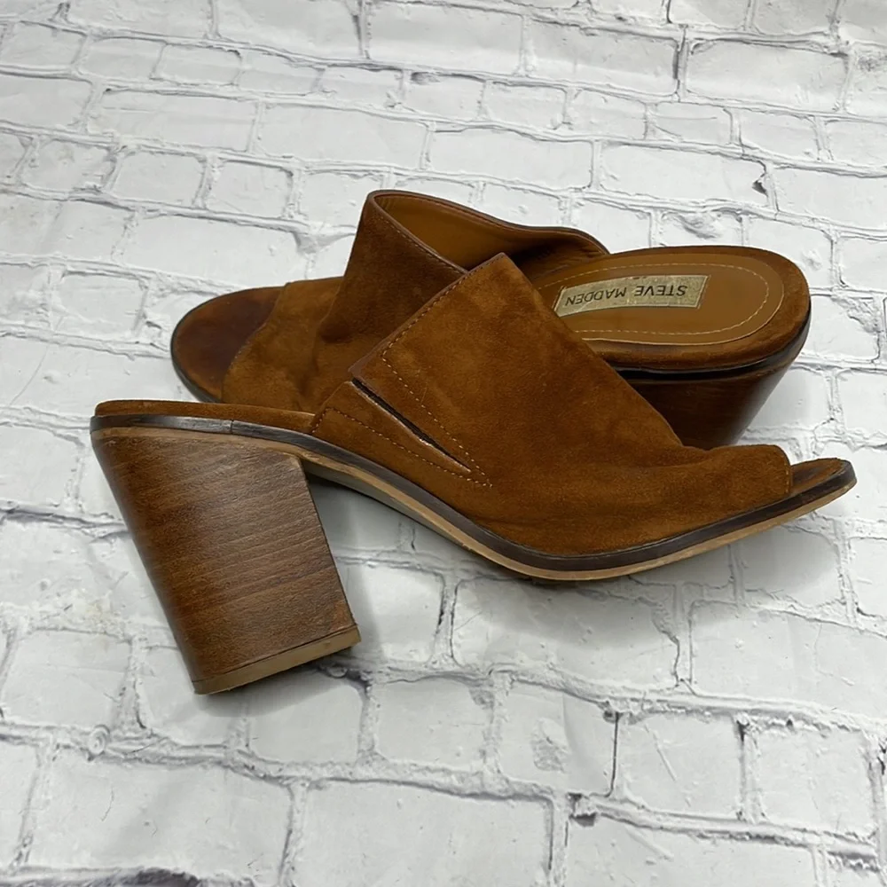 Steve Madden Krizia Size 9 Tan Suede Leather Chunky Heel Open Toe Mule Shoes - Picture 5 of 9